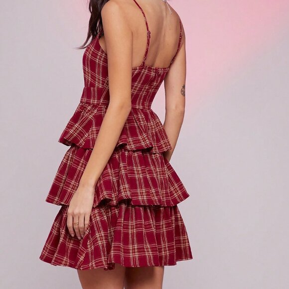 Burgundy Casual Women's Western Plaid Mini Dress with Sweetheart Neckline - Picture 2 of 5